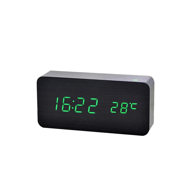 Wooden Digital Alarm Clock with Phone Charging LED Clock with Time Date Temperature, Desk Clocks for Office, Bedside Clock