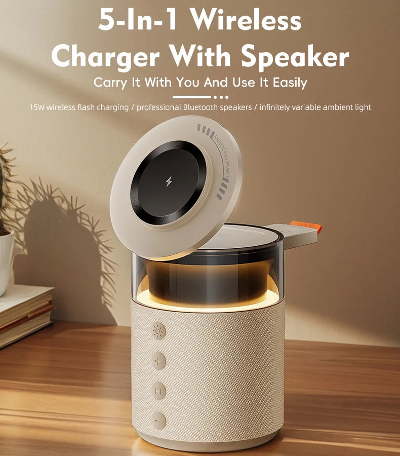 5-in-1 Magnetic Wireless Charging Station with Wireless Speaker Night Light Fast Charger for iPhone iWatch AirPods With Speaker