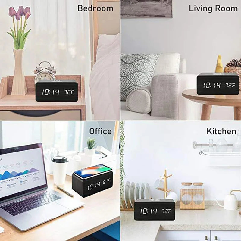 Wooden Digital Alarm Clock with Phone Charging LED Clock with Time Date Temperature, Desk Clocks for Office, Bedside Clock
