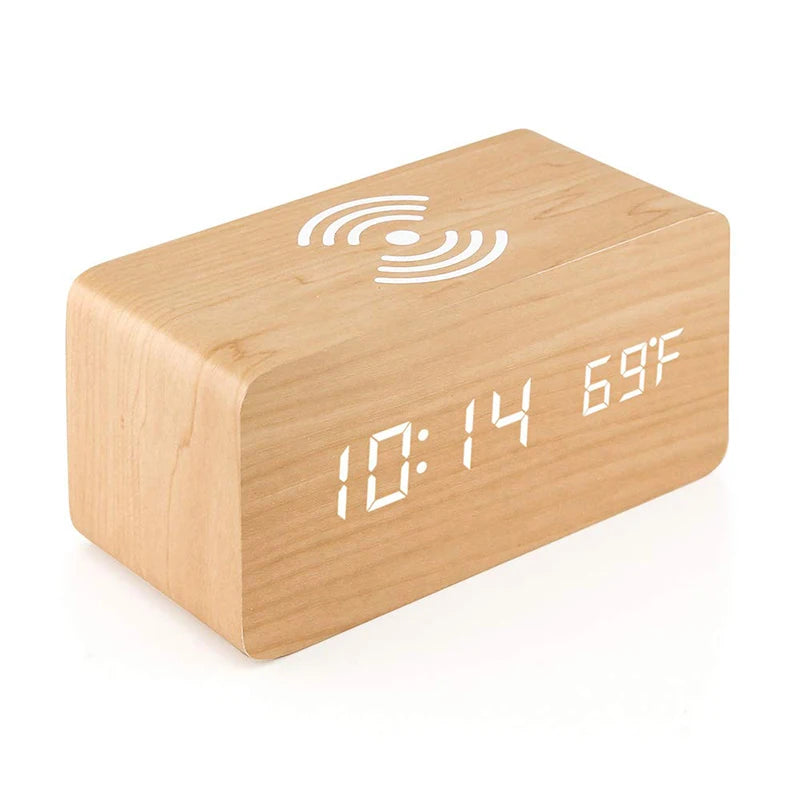 Wooden Digital Alarm Clock with Phone Charging LED Clock with Time Date Temperature, Desk Clocks for Office, Bedside Clock