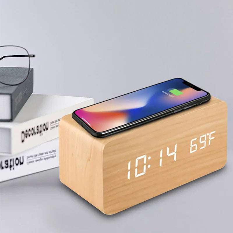 Wooden Digital Alarm Clock with Phone Charging LED Clock with Time Date Temperature, Desk Clocks for Office, Bedside Clock
