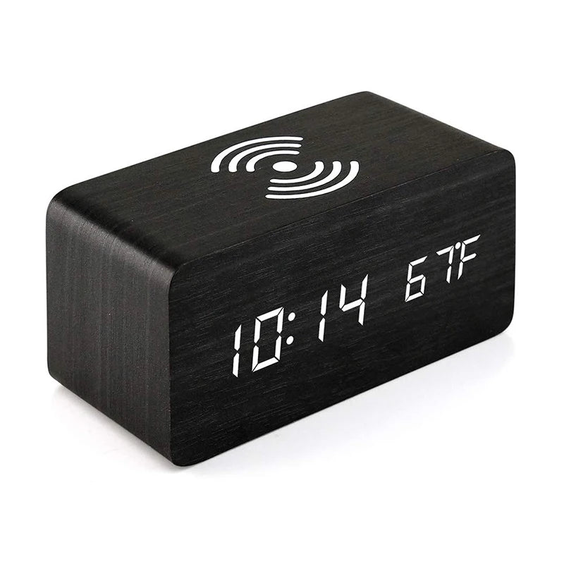 Wooden Digital Alarm Clock with Phone Charging LED Clock with Time Date Temperature, Desk Clocks for Office, Bedside Clock
