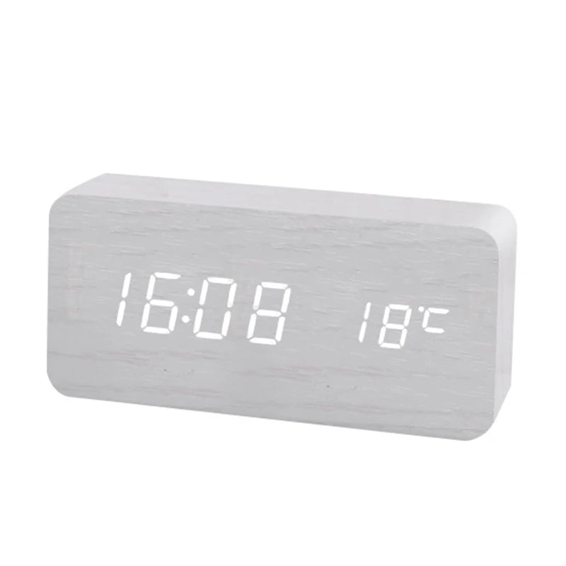 Wooden Digital Alarm Clock with Phone Charging LED Clock with Time Date Temperature, Desk Clocks for Office, Bedside Clock