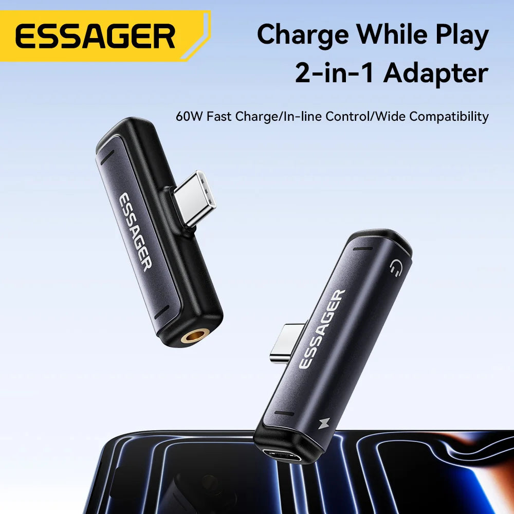 Essager 2-in-1 USB Type C Adapter 60W Charging & Audio Output Converter for MacBook iPhone Xiaomi USB-C to 3.5mm Headphone Jack