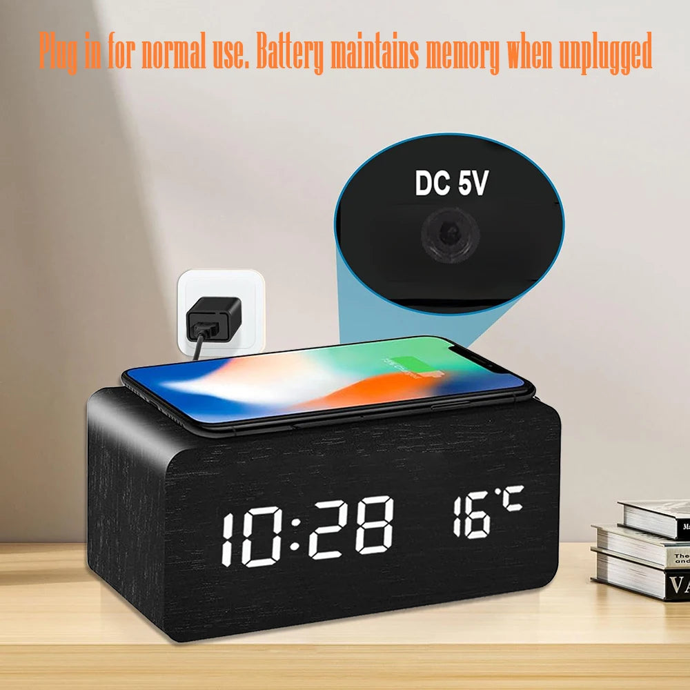 Wooden Digital Alarm Clock with Phone Charging LED Clock with Time Date Temperature, Desk Clocks for Office, Bedside Clock