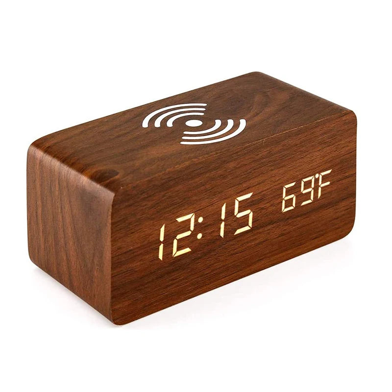 Wooden Digital Alarm Clock with Phone Charging LED Clock with Time Date Temperature, Desk Clocks for Office, Bedside Clock