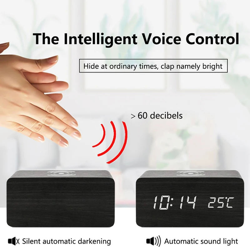 Wooden Digital Alarm Clock with Phone Charging LED Clock with Time Date Temperature, Desk Clocks for Office, Bedside Clock