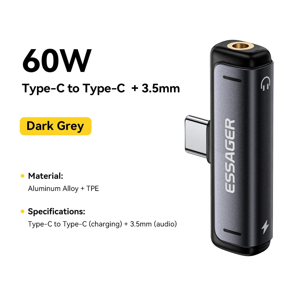 Essager 2-in-1 USB Type C Adapter 60W Charging & Audio Output Converter for MacBook iPhone Xiaomi  USB-C to 3.5mm Headphone Jack