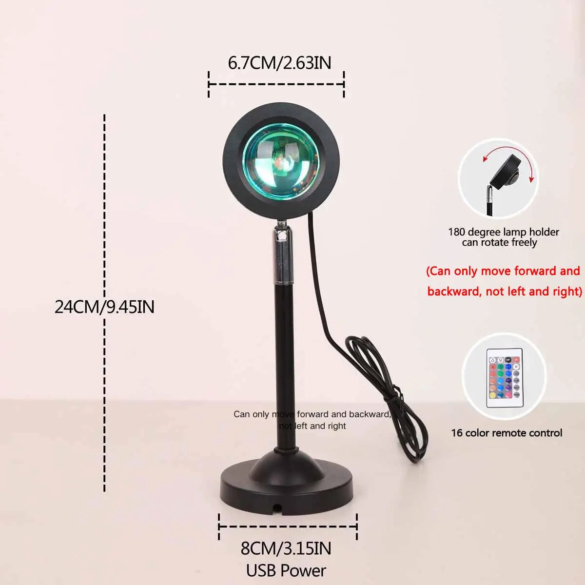 1pc 16 Color LED Sunset Projection Light, Remote Control, USB Power Supply, Bedroom, Party, Decorative Night Light
