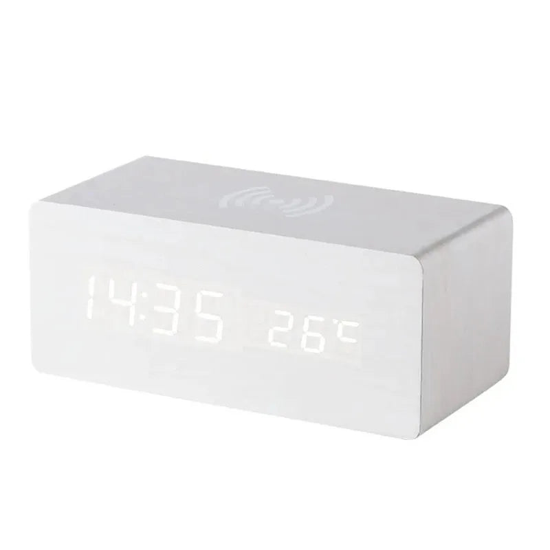 Wooden Digital Alarm Clock with Phone Charging LED Clock with Time Date Temperature, Desk Clocks for Office, Bedside Clock