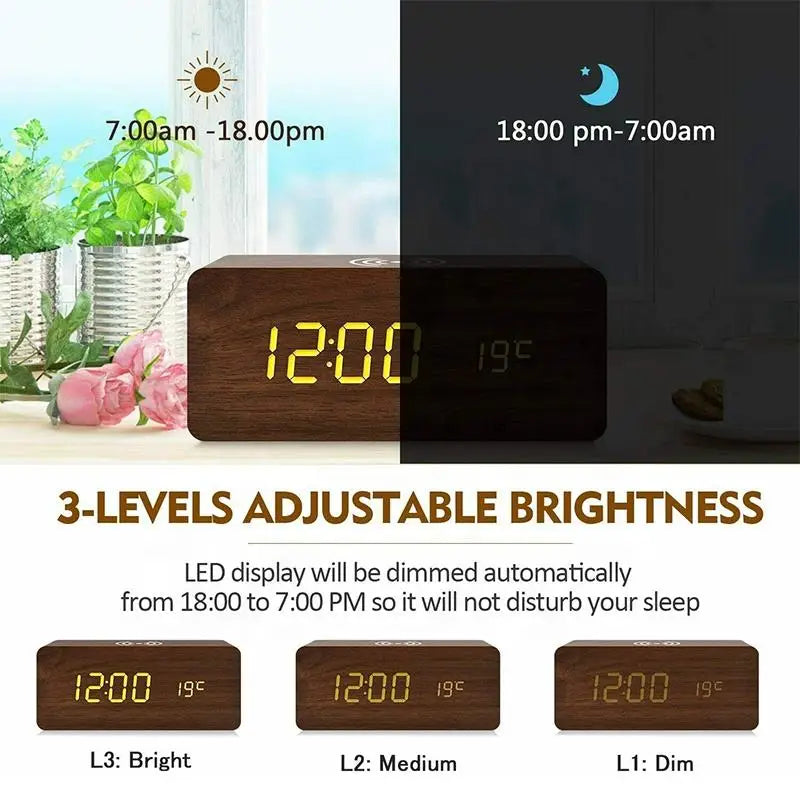 Wooden Digital Alarm Clock with Phone Charging LED Clock with Time Date Temperature, Desk Clocks for Office, Bedside Clock