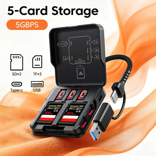 5 in 1 USB3.0 Reader Storage Box Adapter With USB/Type-C Cable Support 5Ports Read Simultaneously For SD/TF Card Storage Manager