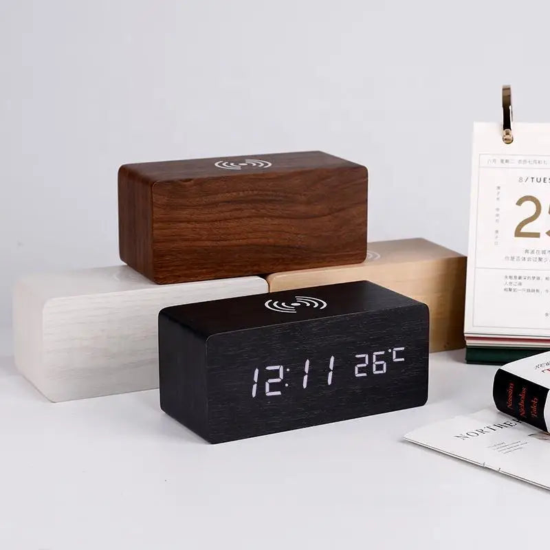 Wooden Digital Alarm Clock with Phone Charging LED Clock with Time Date Temperature, Desk Clocks for Office, Bedside Clock